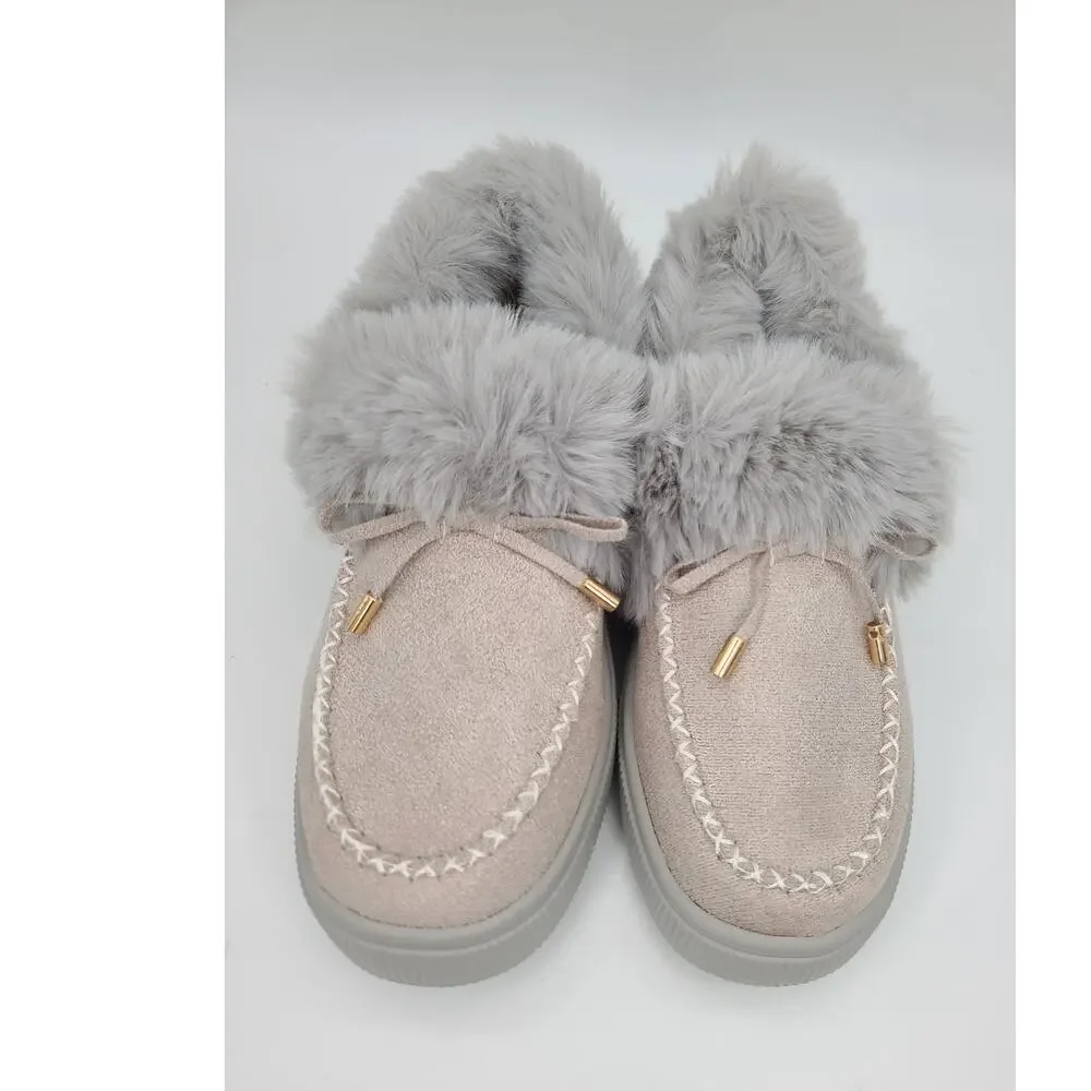 NWOT Rockomi Women's Sz 6 Gray Faux Fur Suede Slip-On Shoes Flats Comfort Casual